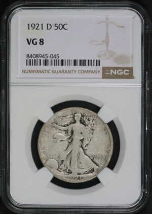 Obverse of this 1921-D Walking Liberty Half Dollar NGC VG-8