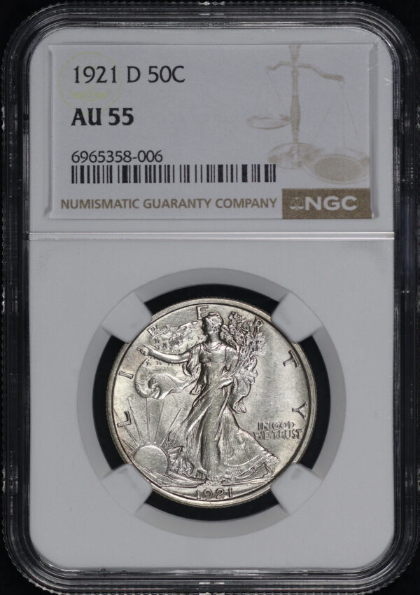 Obverse of this 1921-D Walking Liberty Half Dollar NGC AU-55