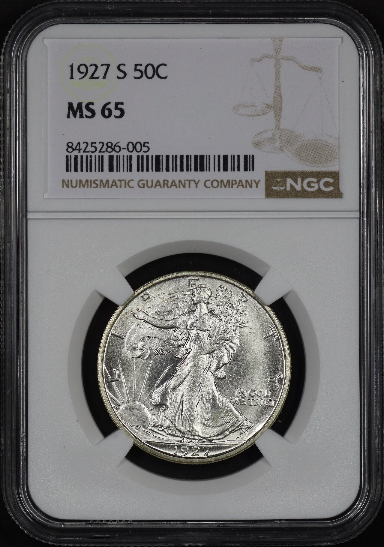 Obverse of this 1927-S Walking Liberty Half Dollar NGC MS-65