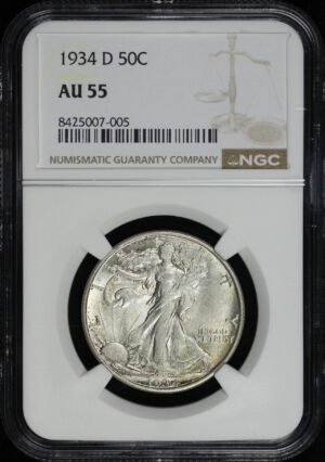 Obverse of this 1934-D Walking Liberty Half Dollar NGC AU-55