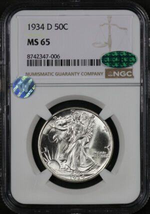 Obverse of this 1934-D Walking Liberty Half Dollar NGC MS-65 CAC
