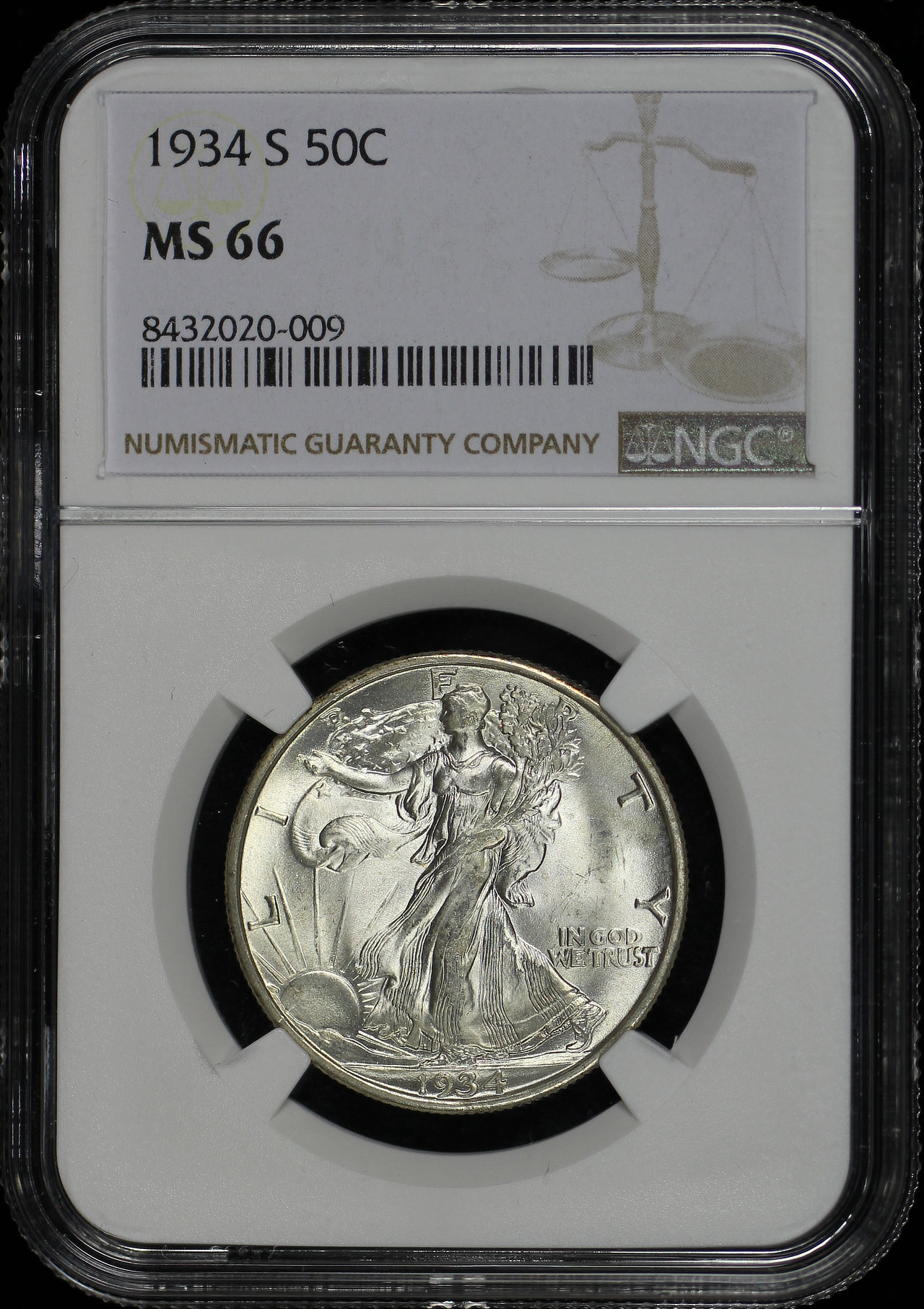 Obverse of this 1934-S Walking Liberty Half Dollar NGC MS-66