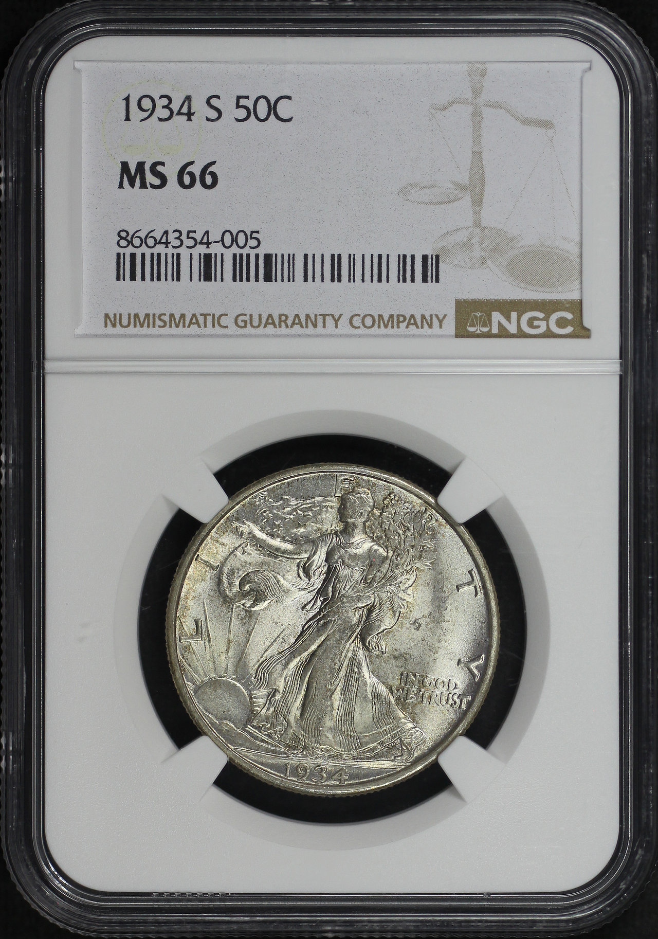 Obverse of this 1934-S Walking Liberty Half Dollar NGC MS-66