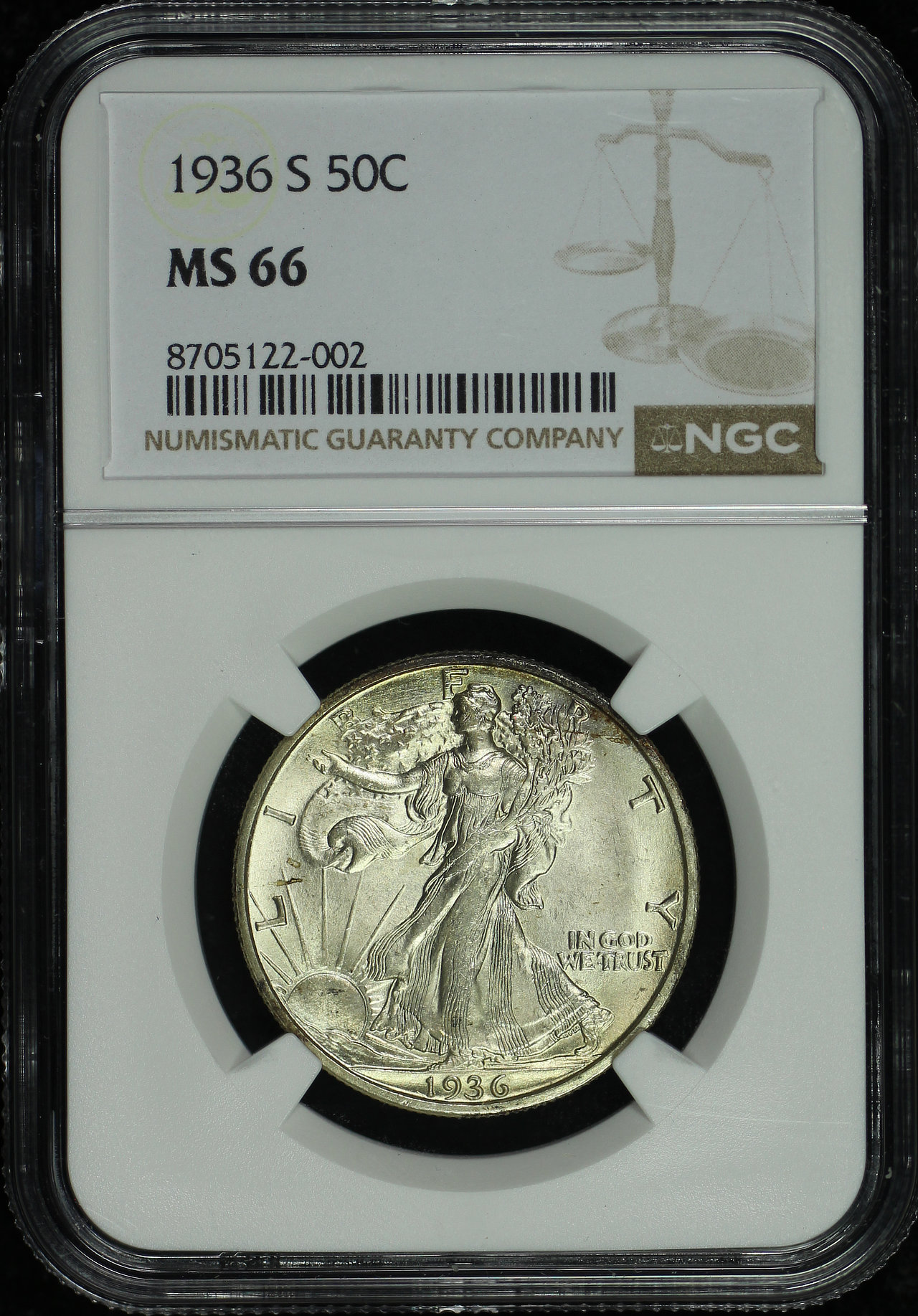 Obverse of this 1936-S Walking Liberty Half Dollar NGC MS-66