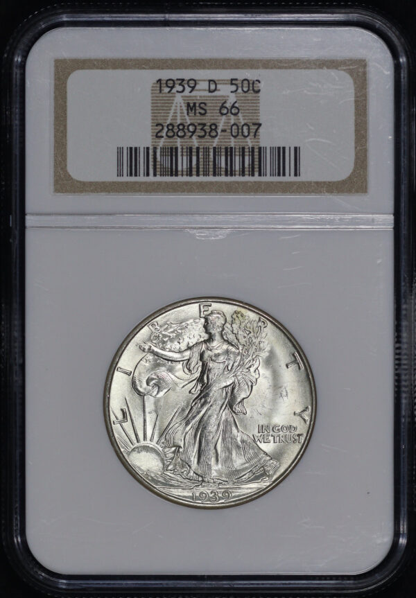 Obverse of this 1939-D Walking Liberty Half Dollar NGC MS-66