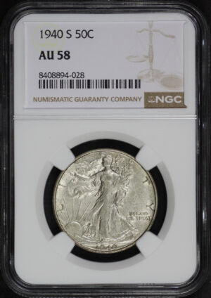 Obverse of this 1940-S Walking Liberty Half Dollar NGC AU-58
