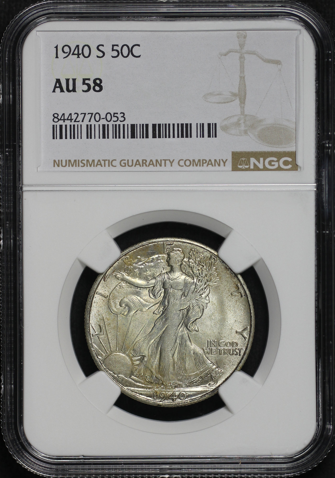 Obverse of this 1940-S Walking Liberty Half Dollar NGC AU-58