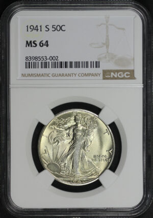 Obverse of this 1941-S Walking Liberty Half Dollar NGC MS-64