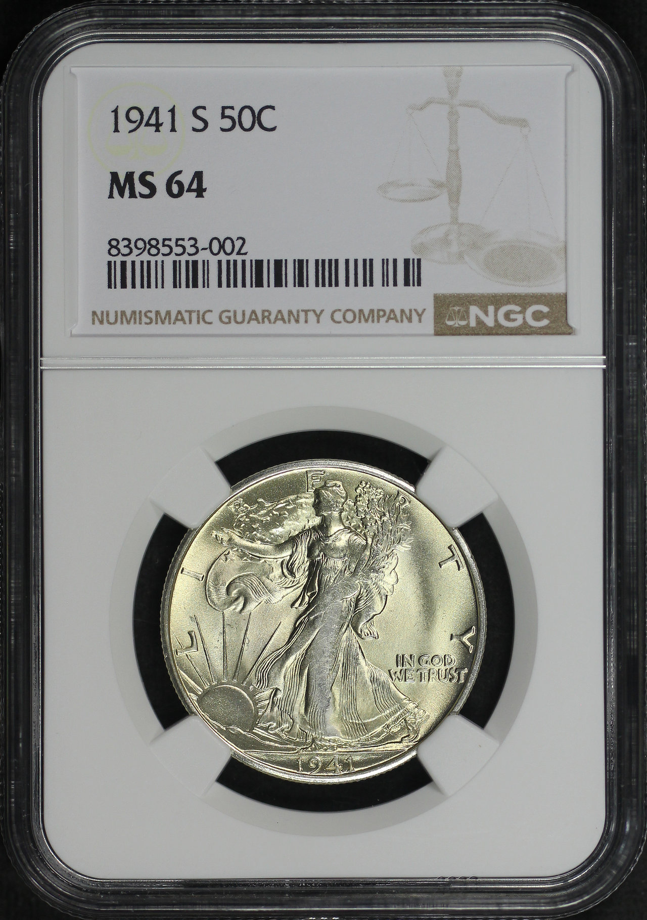 Obverse of this 1941-S Walking Liberty Half Dollar NGC MS-64