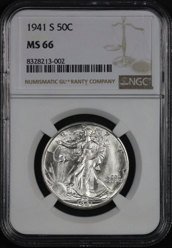 Obverse of this 1941-S Walking Liberty Half Dollar NGC MS-66