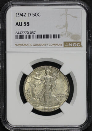 Obverse of this 1942-D Walking Liberty Half Dollar NGC AU-58