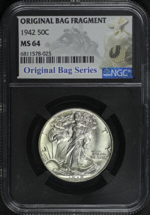 Obverse of this 1942 Walking Liberty Half Dollar Original Bag Fragment NGC MS-64