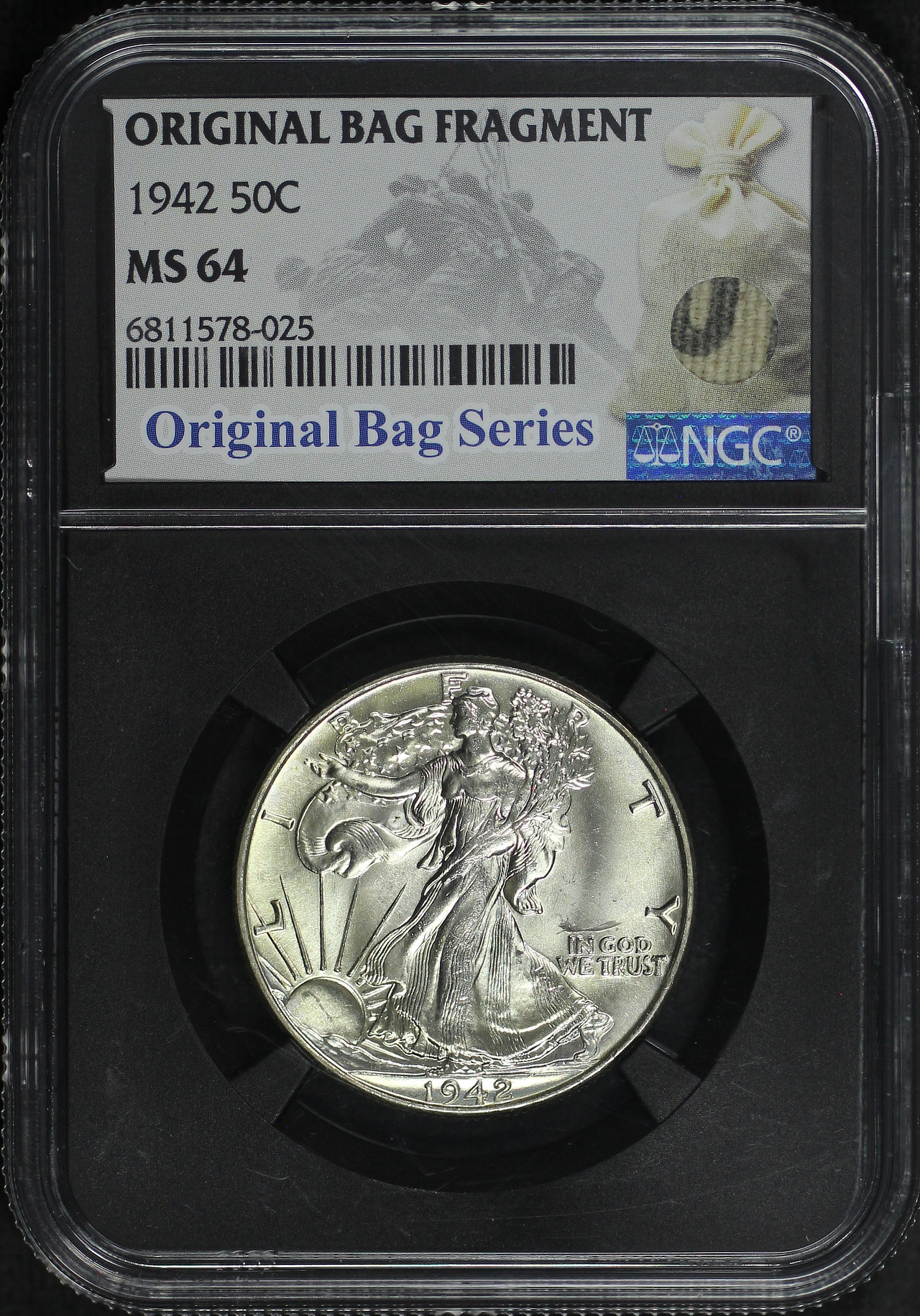 Obverse of this 1942 Walking Liberty Half Dollar Original Bag Fragment NGC MS-64