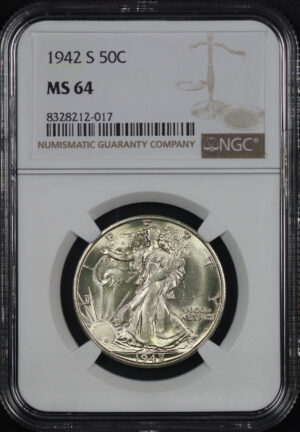 Obverse of this 1942-S Walking Liberty Half Dollar NGC MS-64