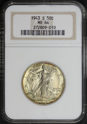 Obverse of this 1943-S Walking Liberty Half Dollar NGC MS-64