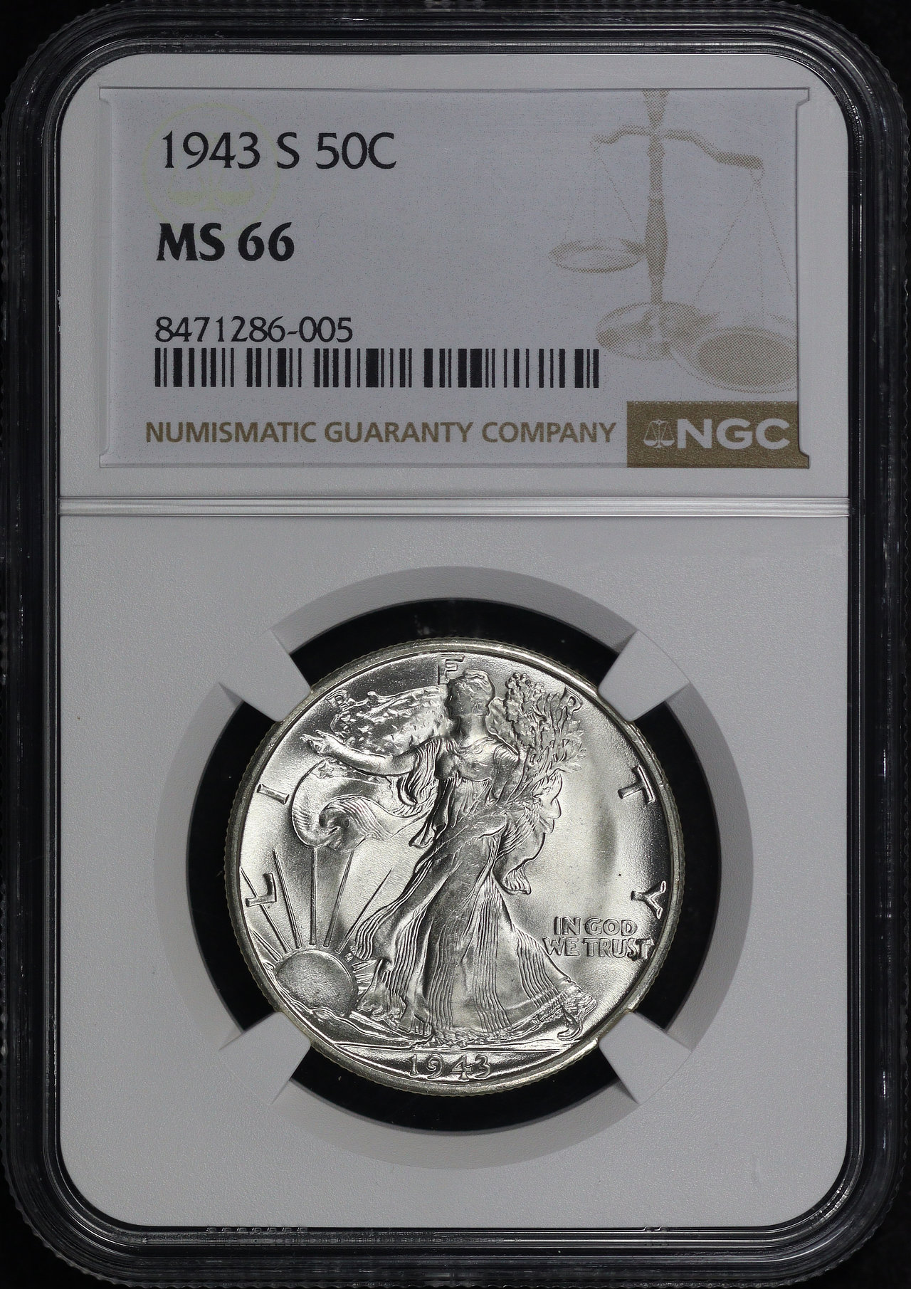Obverse of this 1943-S Walking Liberty Half Dollar NGC MS-66