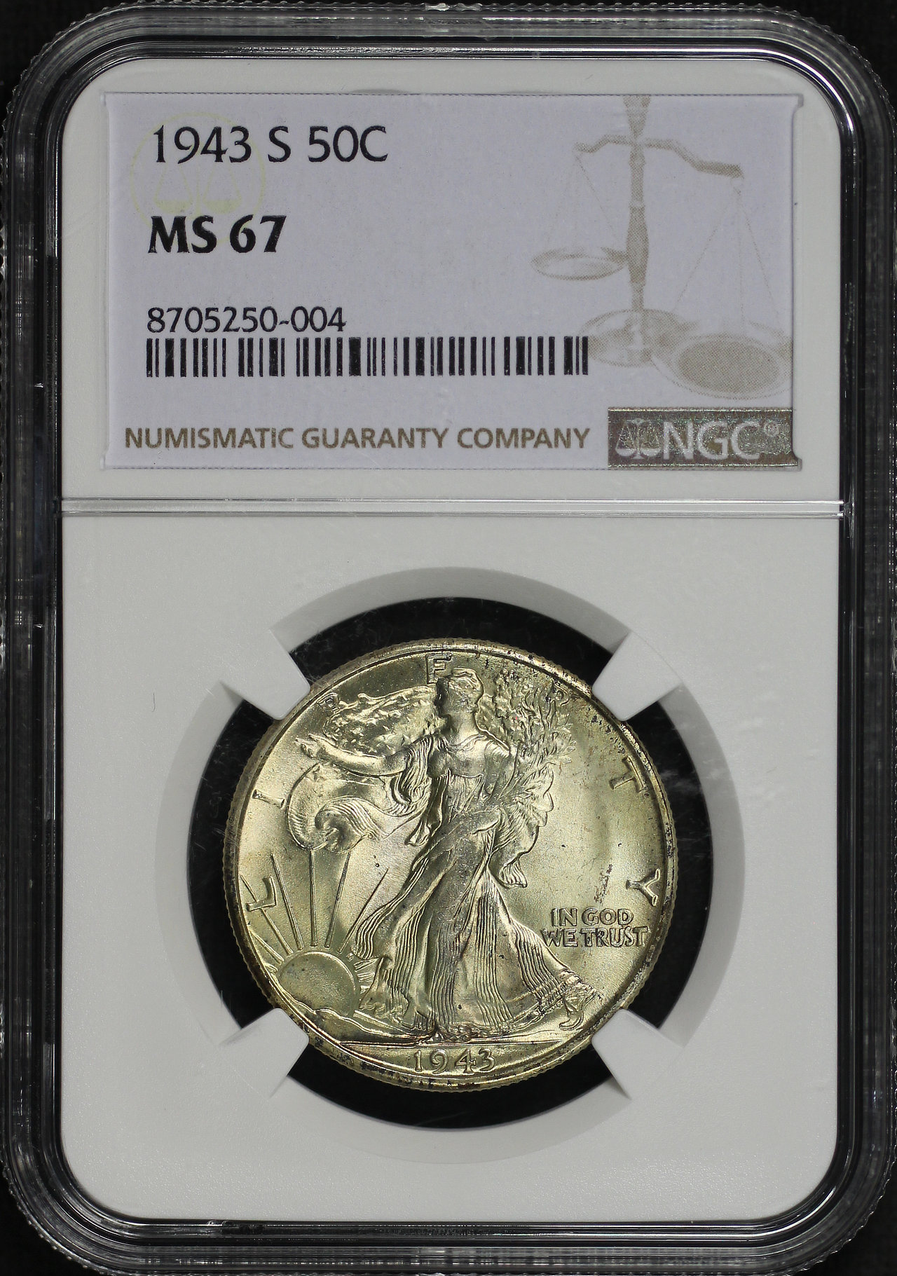 Obverse of this 1943-S Walking Liberty Half Dollar NGC MS-67