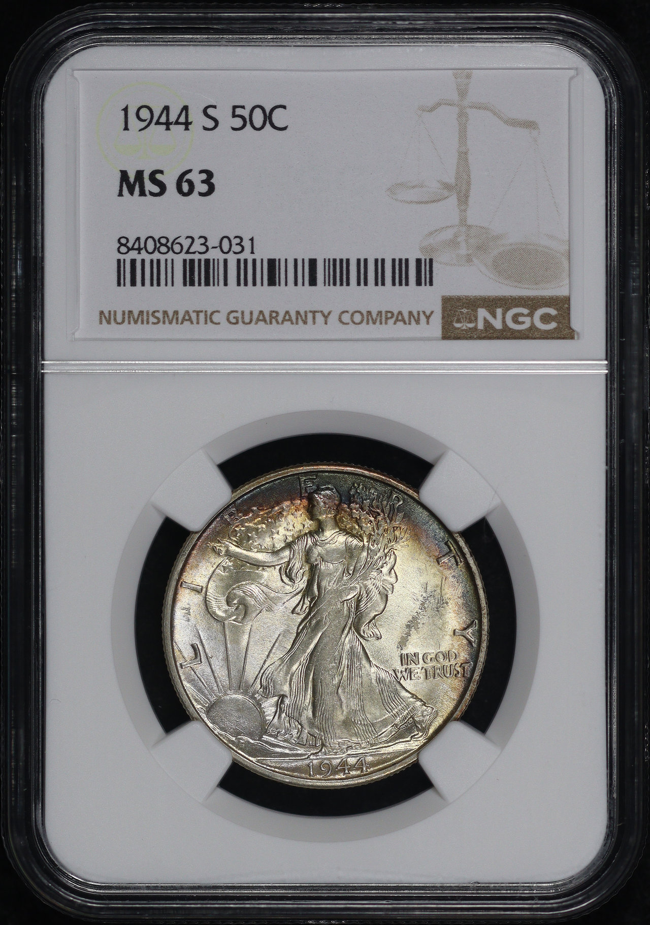 Obverse of this 1944-S Walking Liberty Half Dollar NGC MS-63 – Blue, Green, & Violet Hue Obverse Rim Toning!