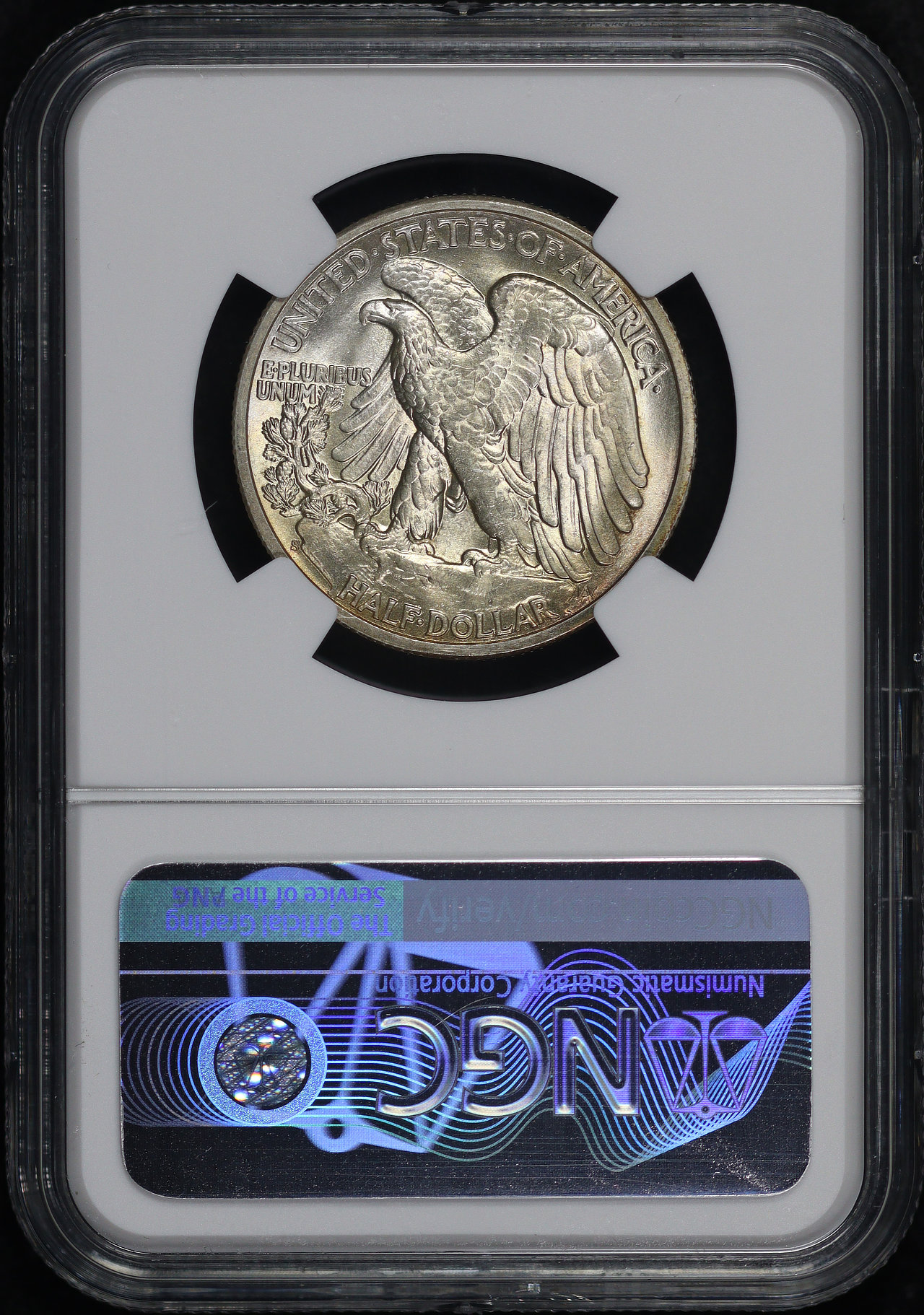 Reverse of this 1944-S Walking Liberty Half Dollar NGC MS-63 – Blue, Green, & Violet Hue Obverse Rim Toning!
