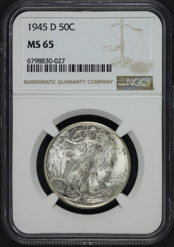 Obverse of this 1945-D Walking Liberty Half Dollar NGC MS-65