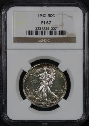 Obverse of this 1942 Walking Liberty Half Dollar NGC PF-67 – Fiery Sunset Hue Reverse Toning