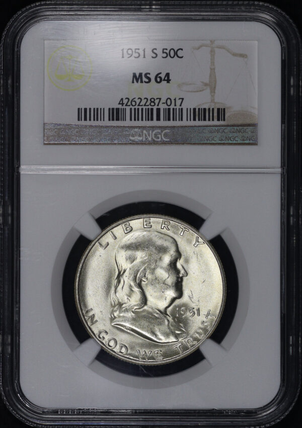 Obverse of this 1951-S Franklin Half Dollar NGC MS-64