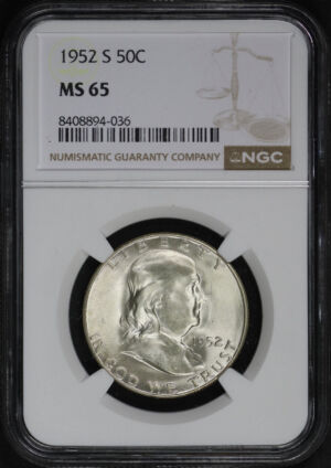 Obverse of this 1952-S Franklin Half Dollar NGC MS-65