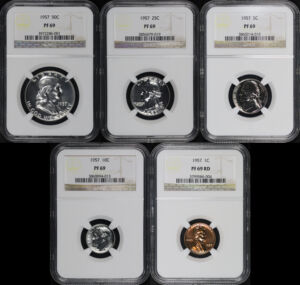 Obverse of this 1957 1C, 5C, 10C, 25C, & 50C 5 Coin Proof Set NGC PF-69
