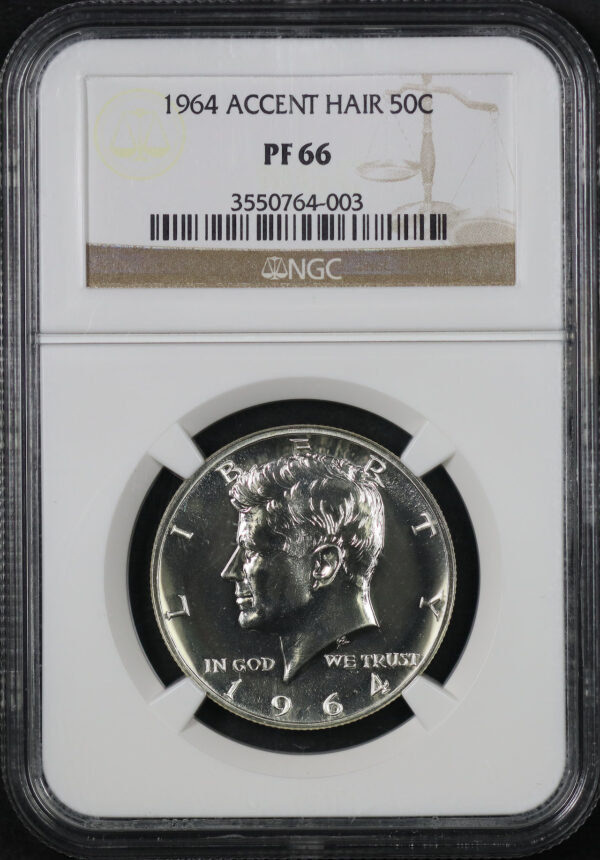 Obverse of this 1964 Kennedy Half Dollar Accent Hair NGC PF-66