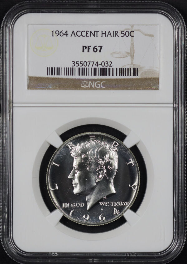 Obverse of this 1964 Kennedy Half Dollar Accent Hair NGC PF-67