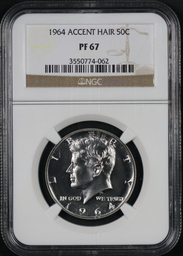 Obverse of this 1964 Kennedy Half Dollar Accent Hair NGC PF-67