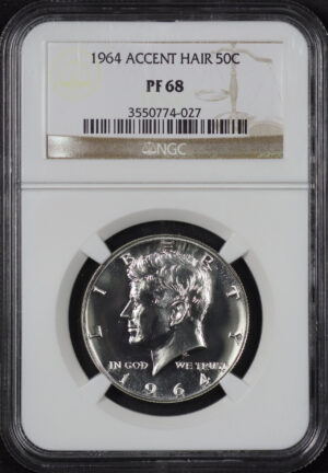 Obverse of this 1964 Kennedy Half Dollar Accent Hair NGC PF-68