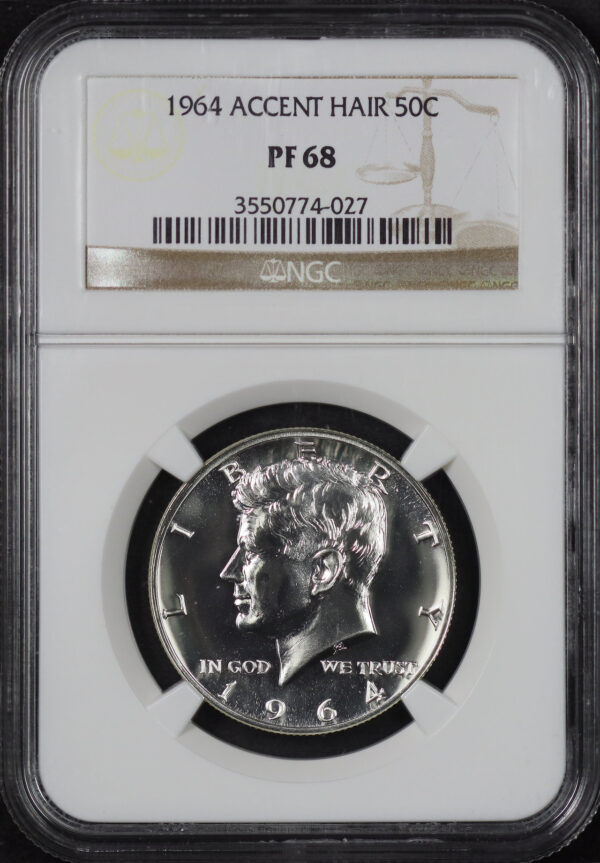 Obverse of this 1964 Kennedy Half Dollar Accent Hair NGC PF-68