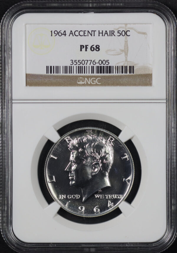 Obverse of this 1964 Kennedy Half Dollar Accent Hair NGC PF-68