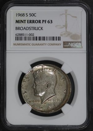 Obverse of this 1968-S Kennedy Half Dollar NGC PF-63 MINT ERROR Broadstruck