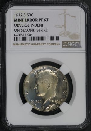 Obverse of this 1972-S Kennedy Half Dollar NGC PF-67 MINT ERROR Obverse Indent