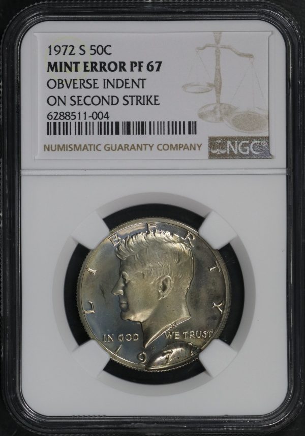 Obverse of this 1972-S Kennedy Half Dollar NGC PF-67 MINT ERROR Obverse Indent