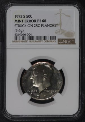 Obverse of this 1973-S Kennedy Half Dollar NGC PF-68 MINT ERROR Struck On 25c Planchet