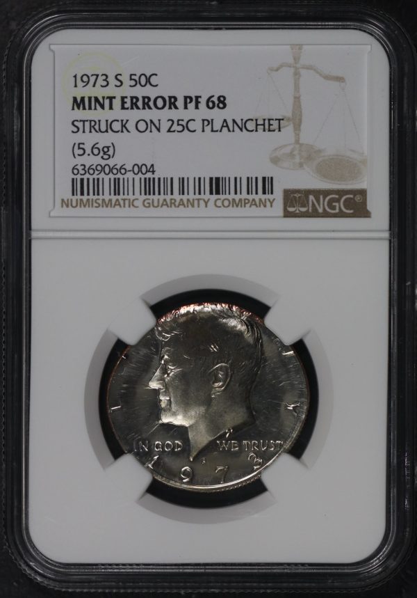 Obverse of this 1973-S Kennedy Half Dollar NGC PF-68 MINT ERROR Struck On 25c Planchet