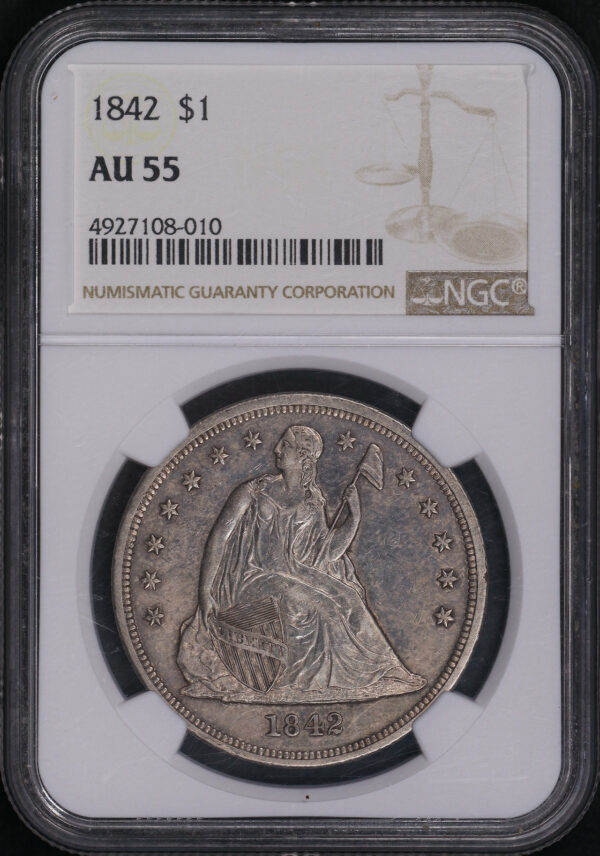 Obverse of this 1842 Liberty Seated Dollar NGC AU-55