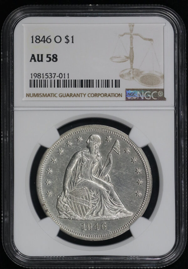 Obverse of this 1846-O Liberty Seated Dollar NGC AU-58