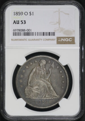 Obverse of this 1859-O Liberty Seated Dollar NGC AU-53