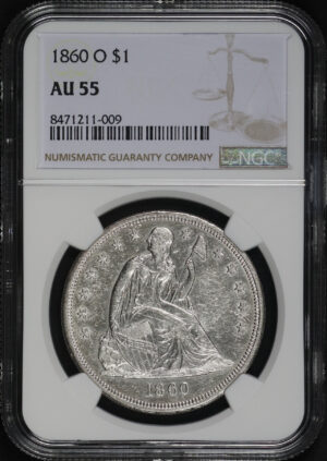 Obverse of this 1860-O Liberty Seated Dollar NGC AU-55