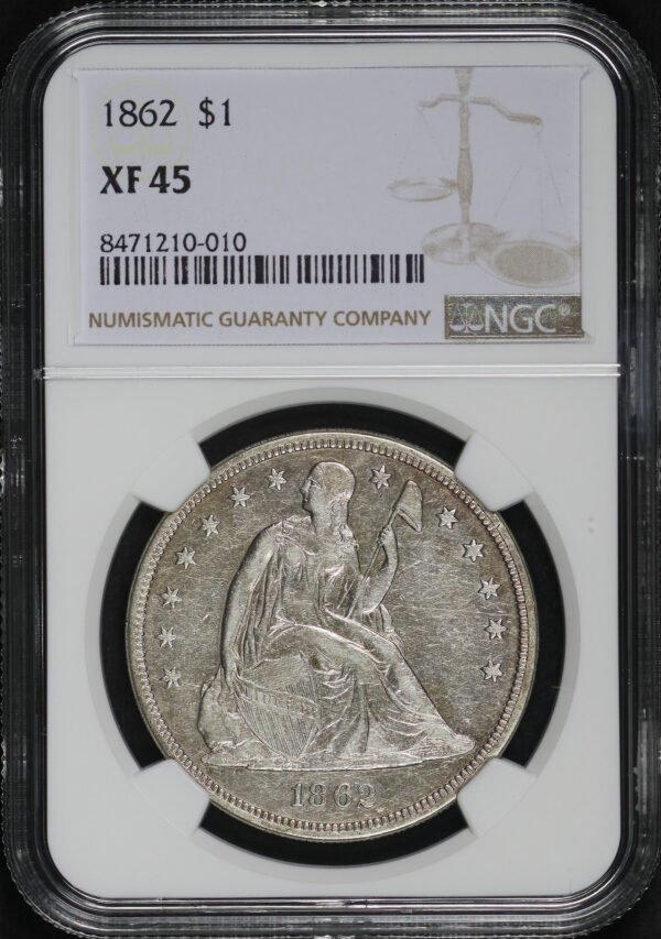 Obverse of this 1862 Liberty Seated Dollar NGC XF-45