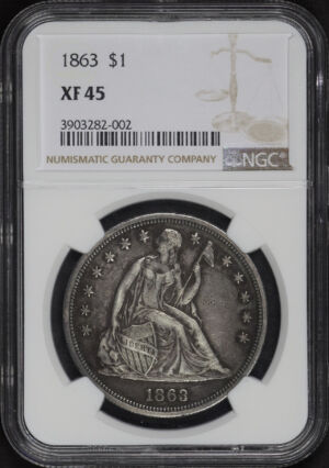 Obverse of this 1863 Liberty Seated Dollar NGC XF-45