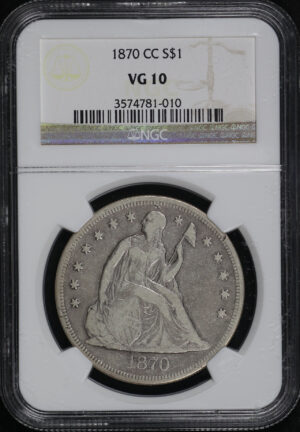 Obverse of this 1870-CC Liberty Seated Dollar NGC VG-10