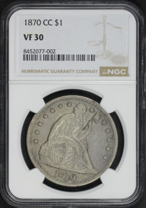 Obverse of this 1870-CC Liberty Seated Dollar NGC VF-30