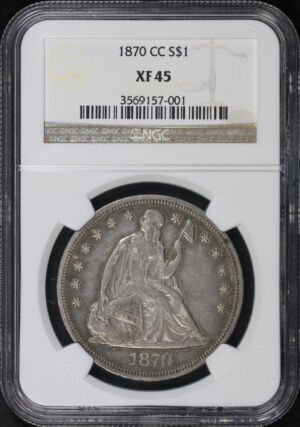Obverse of this 1870-CC Liberty Seated Dollar NGC XF-45