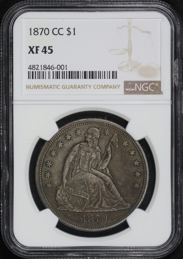 Obverse of this 1870-CC Liberty Seated Dollar NGC XF-45