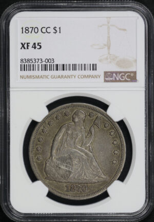 Obverse of this 1870-CC Liberty Seated Dollar NGC XF-45